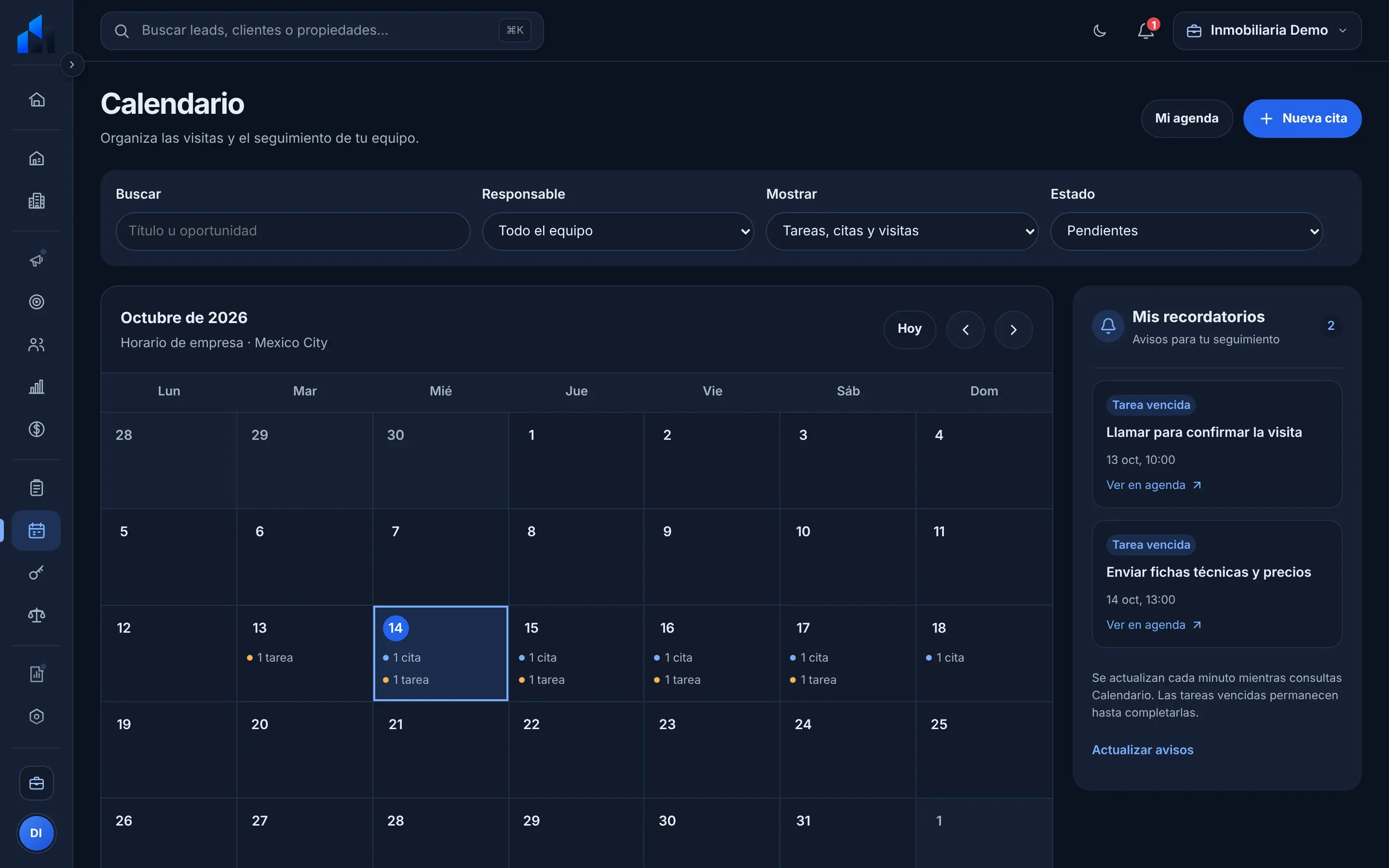 Calendario mensual con citas, visitas y tareas del equipo