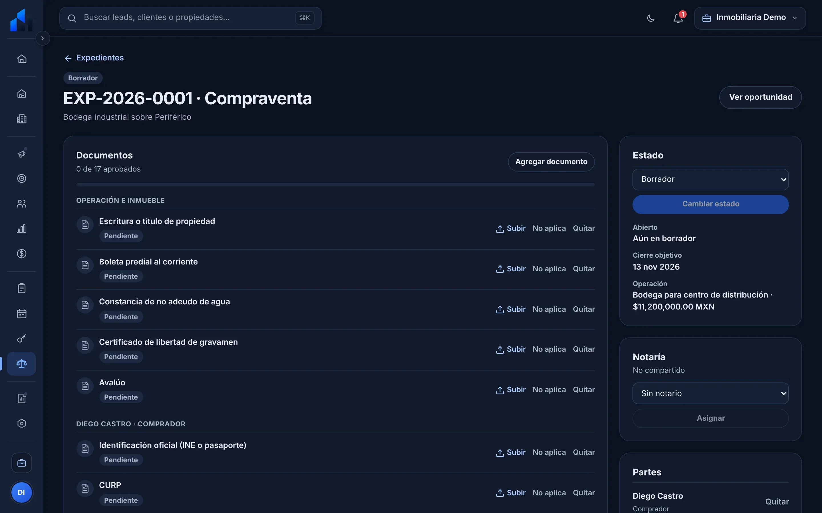 Expediente de compraventa con lista de documentos por parte y estado de cada uno
